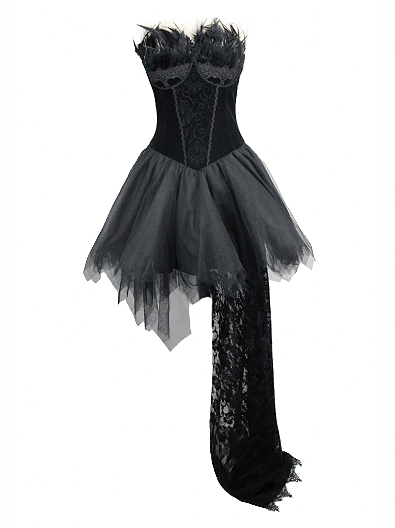 Steampunk Strapless Dress With Lace Train / Gothic Asymmetry Hem Dress with Feathers - HARD'N'HEAVY