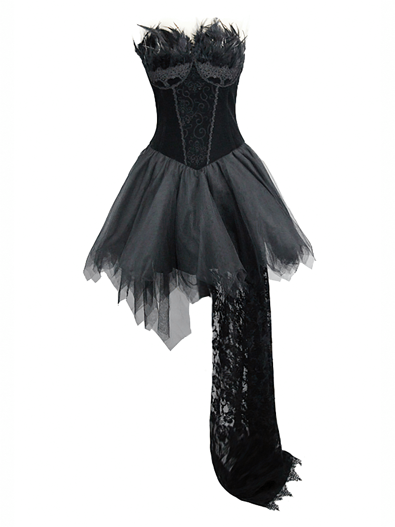 Strapless black dress with lace train, feathers, and asymmetrical hem in steampunk style for women.