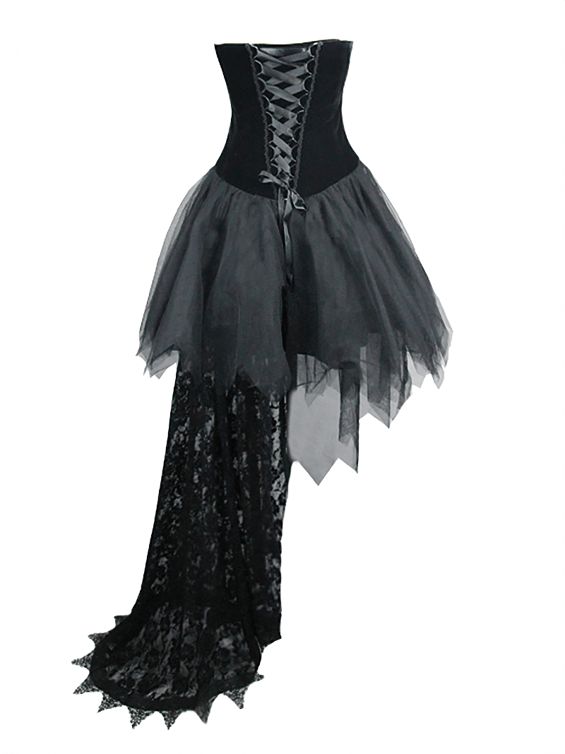 Steampunk Strapless Dress With Lace Train / Gothic Asymmetry Hem Dress with Feathers - HARD'N'HEAVY