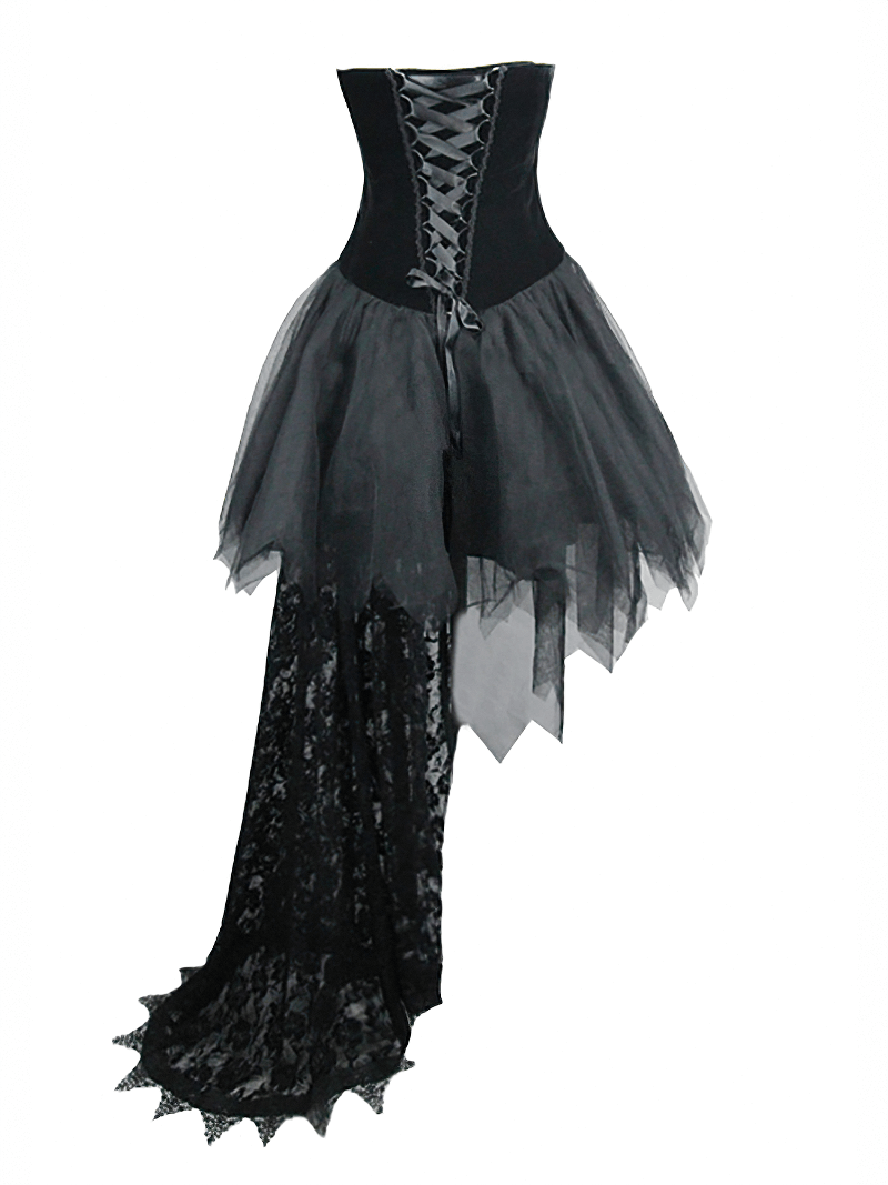 Strapless black dress with lace train, asymmetrical hem, and feather embellishments in steampunk style.