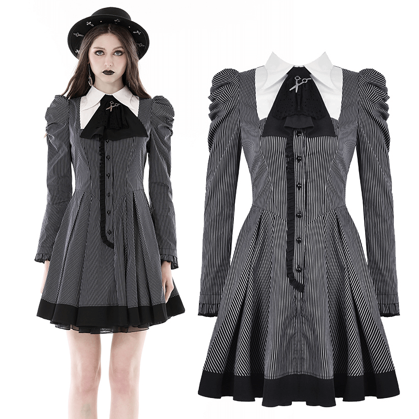 Chic steampunk striped dress with ruffled sleeves, pleated skirt, and bow, perfect for evening events and modern fashion.