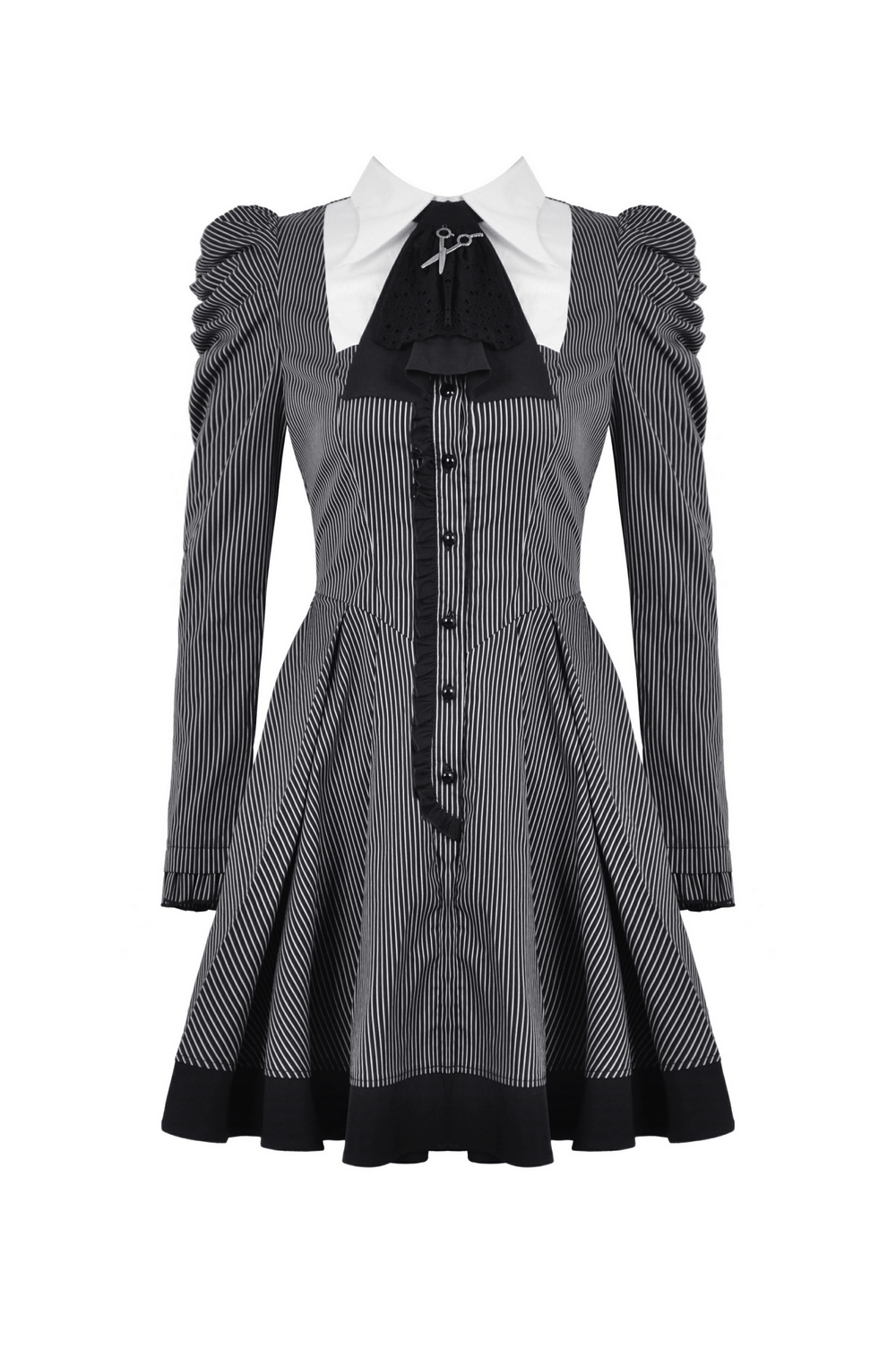 Chic steampunk striped dress with ruffled sleeves, bow, and pleated skirt, perfect for evening or professional wear.