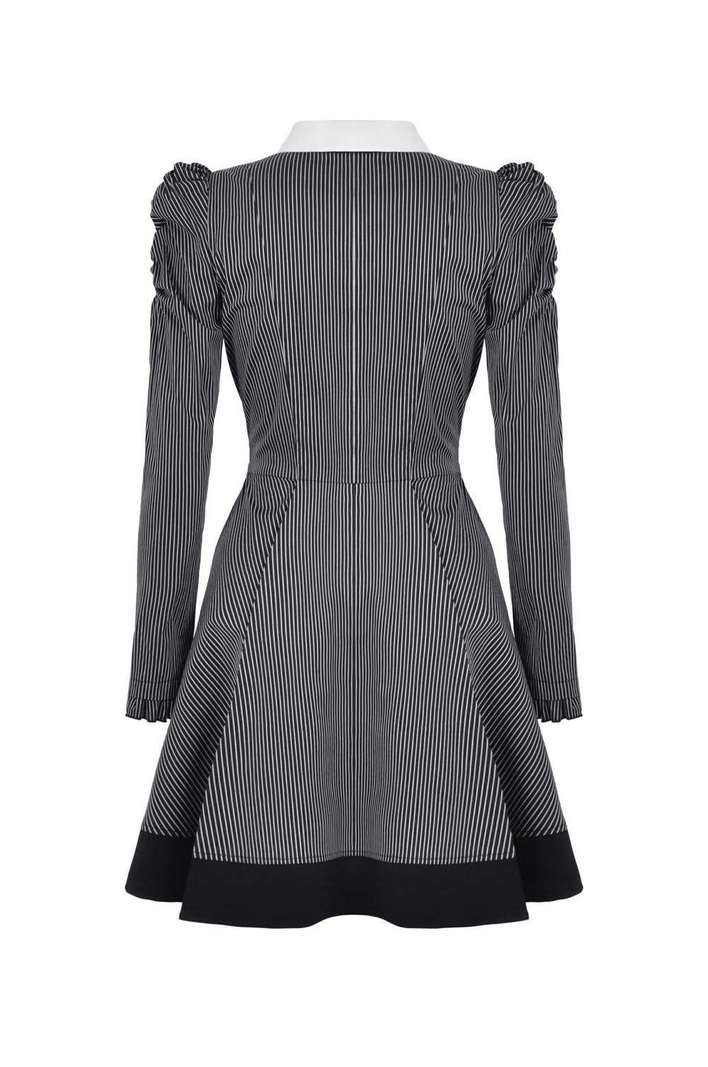 Back view of a chic steampunk striped dress with ruffled sleeves and pleated skirt, featuring a sophisticated bow.