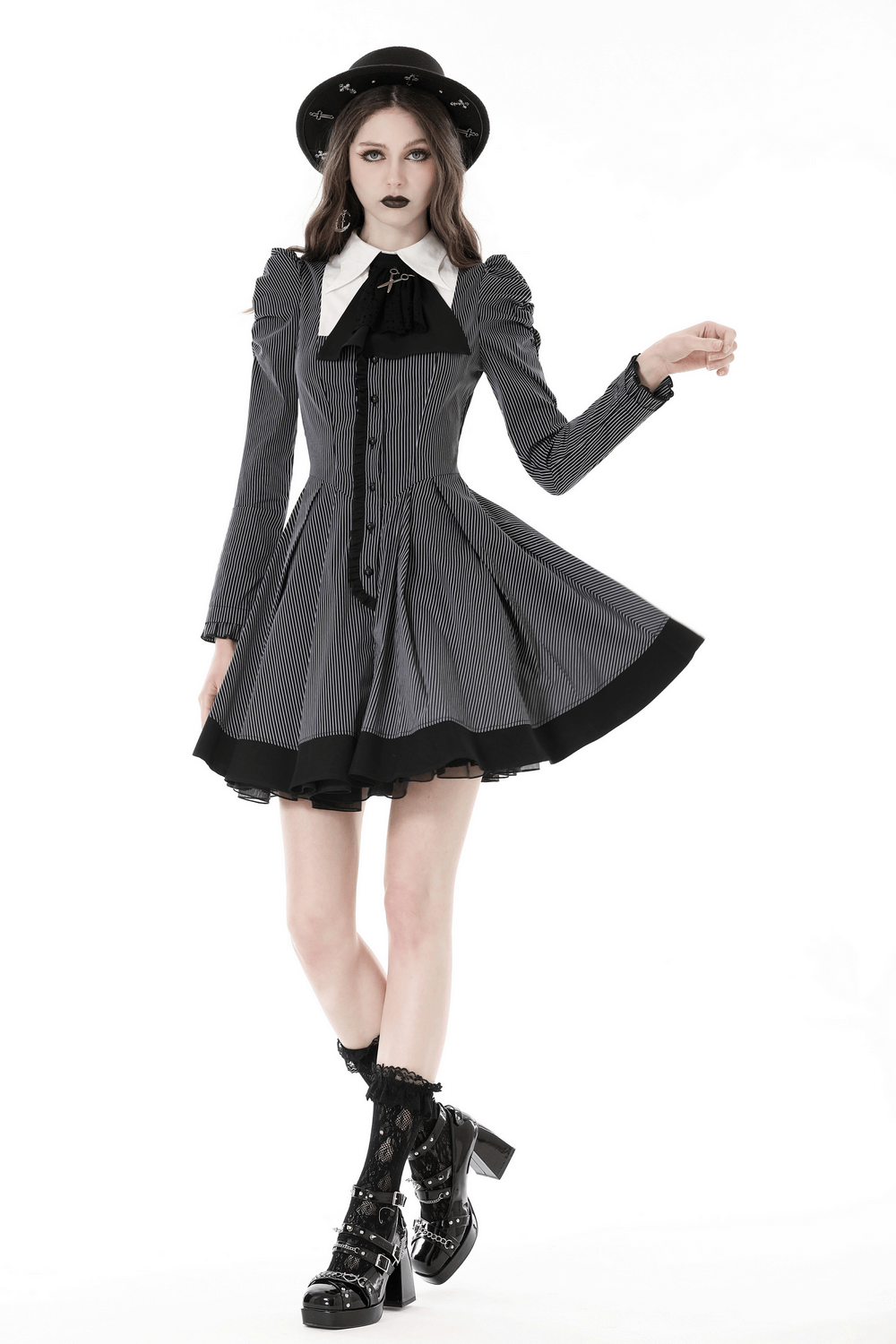 Chic steampunk striped dress with ruffled sleeves and bow, perfect for any evening event.
