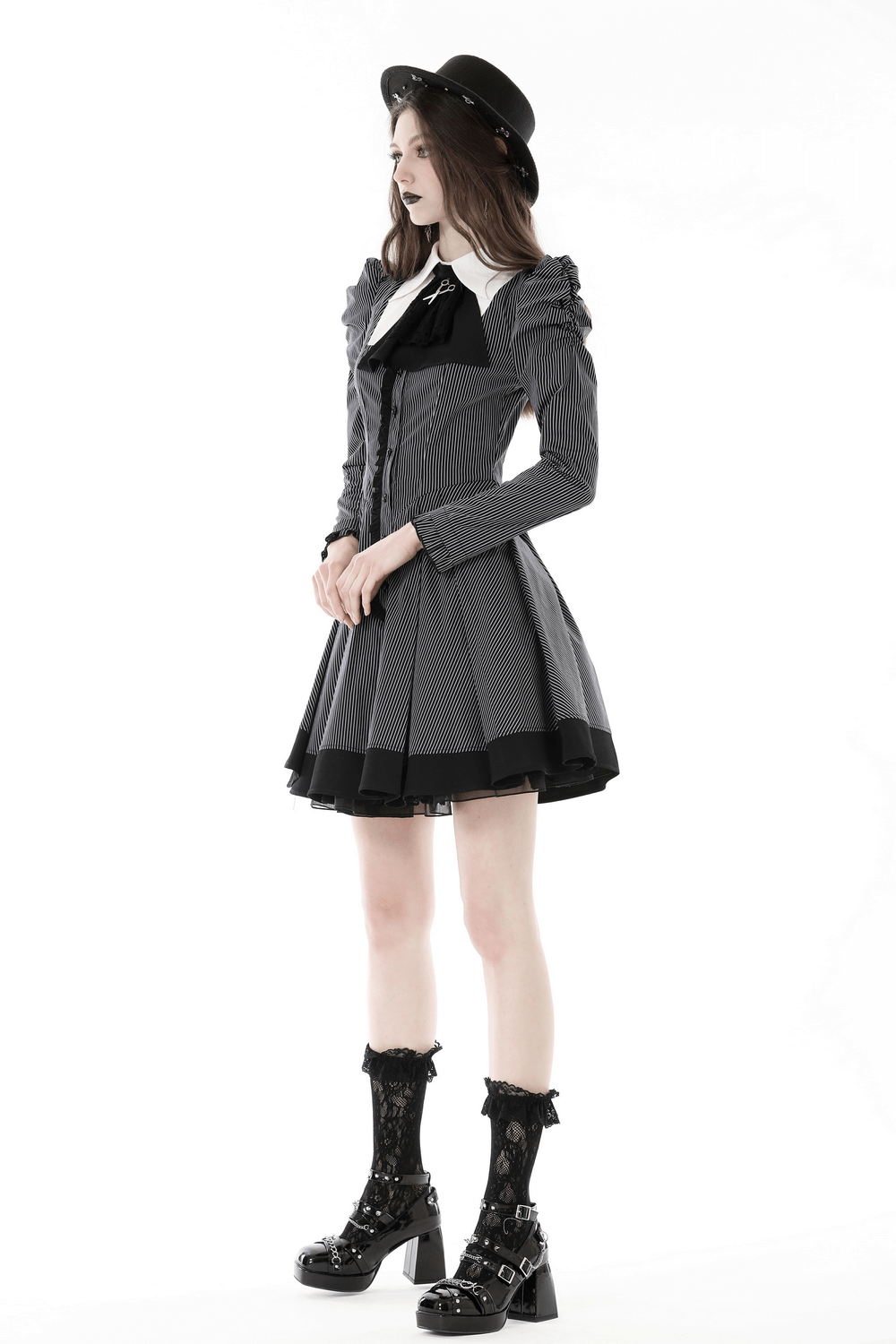 Chic steampunk striped dress with ruffled sleeves, pleated skirt, and bow detail, perfect for stylish events.