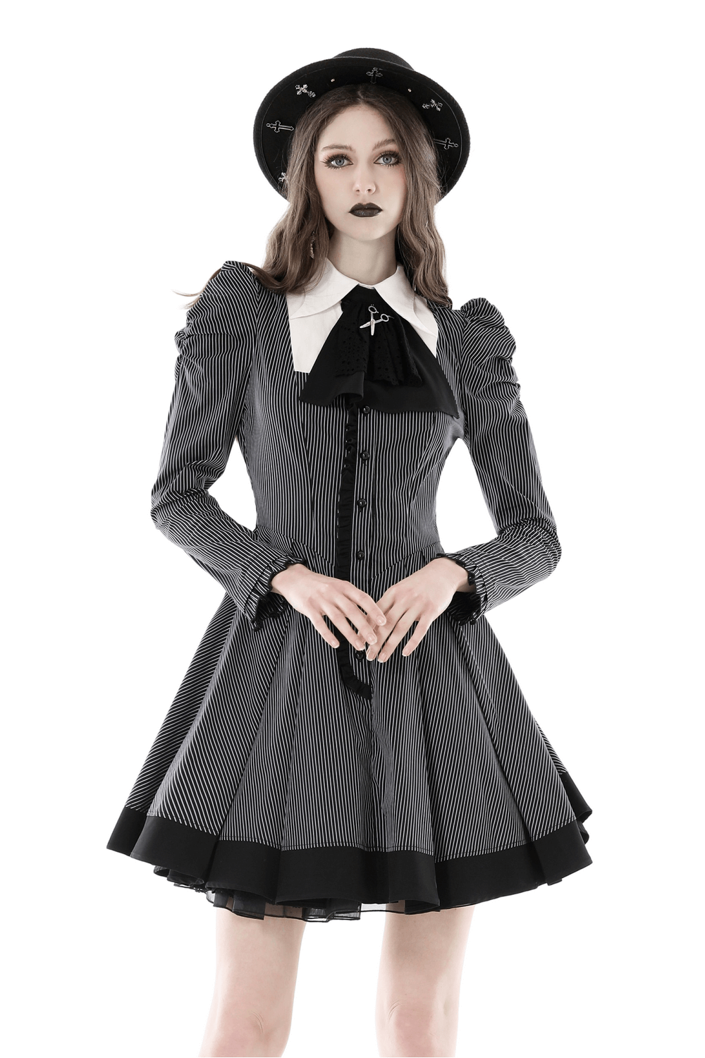 Steampunk striped dress with ruffled sleeves and bow, featuring chic pinstripe and pleated skirt for a stylish look.
