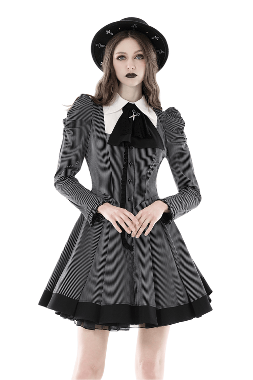 Vestido Steampunk de Rayas con Mangas con Volantes y Lazo