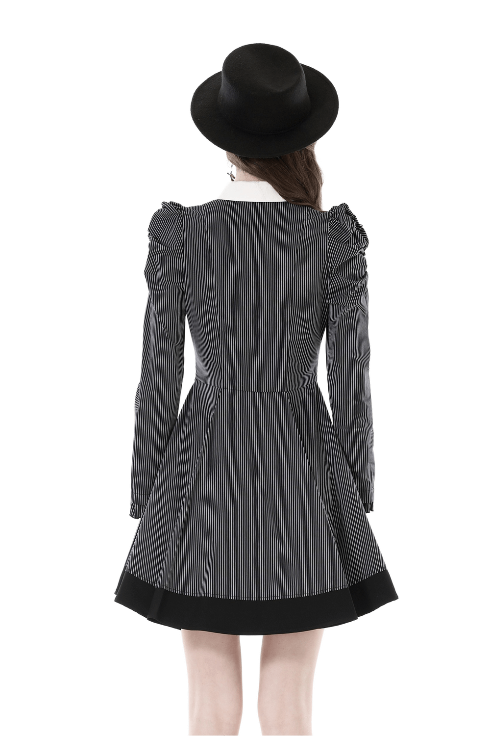 Chic steampunk striped dress with ruffled sleeves and bow, showcasing pleated skirt detail and a stylish black hat.