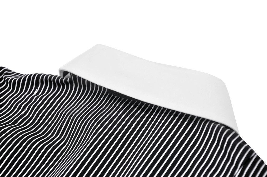 Close-up of a chic steampunk dress collar featuring elegant white fabric and classic pinstriped pattern.