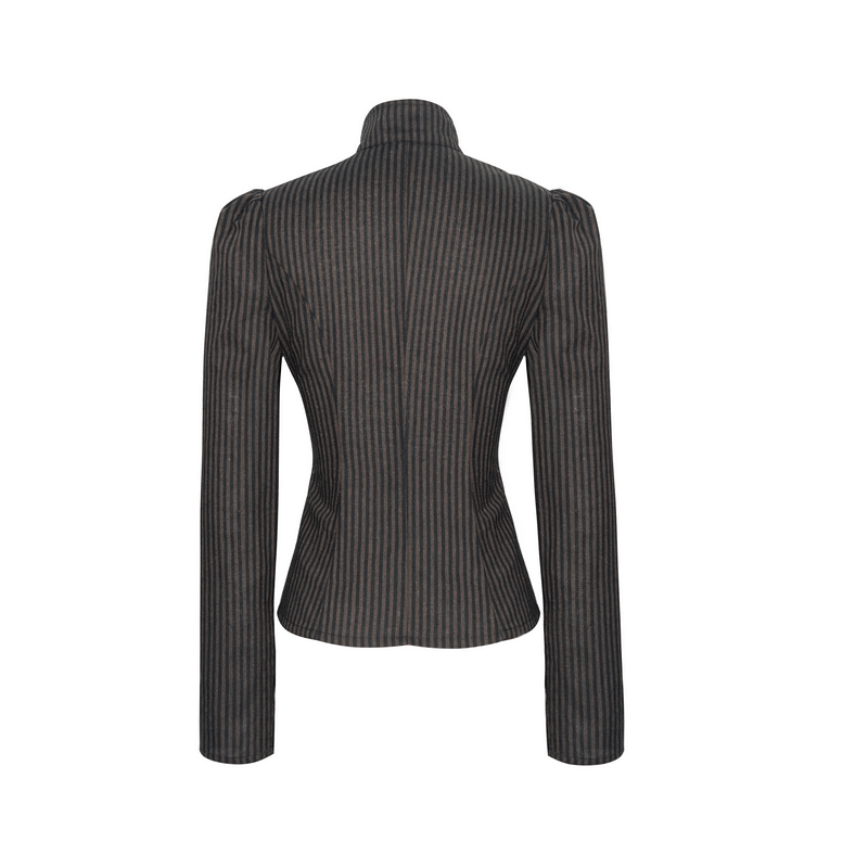 Back view of women's steampunk striped long sleeves shirt in brown with a vintage retro cut and buckle details.