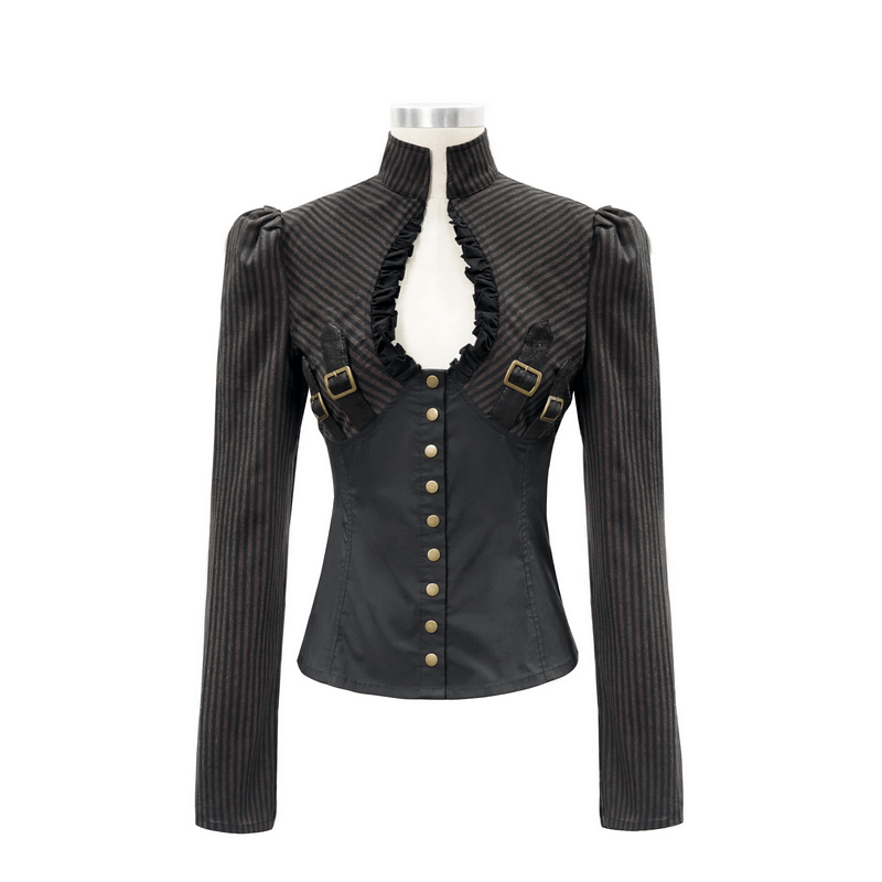 Steampunk striped long sleeve blouse for women with buckle belts, ruffled detail, and retro vintage style.