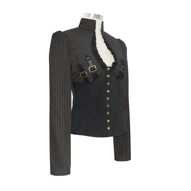 Steampunk striped long sleeve blouse for women featuring a vintage design and buckle belts, perfect for a stylish wardrobe upgrade.