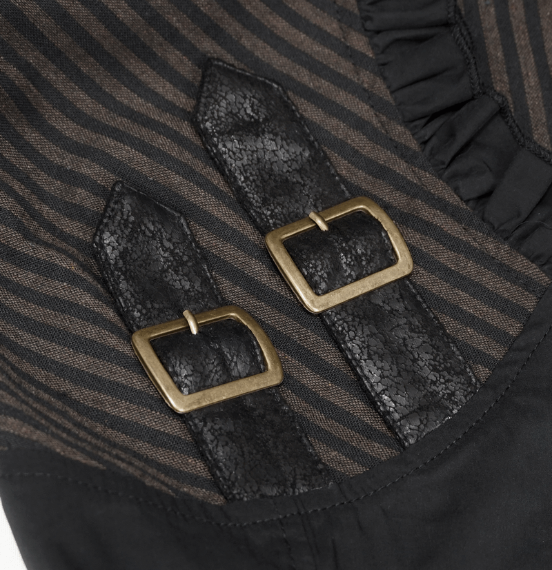 Close-up of buckle details on steampunk striped blouse, showcasing vintage style and intricate design.