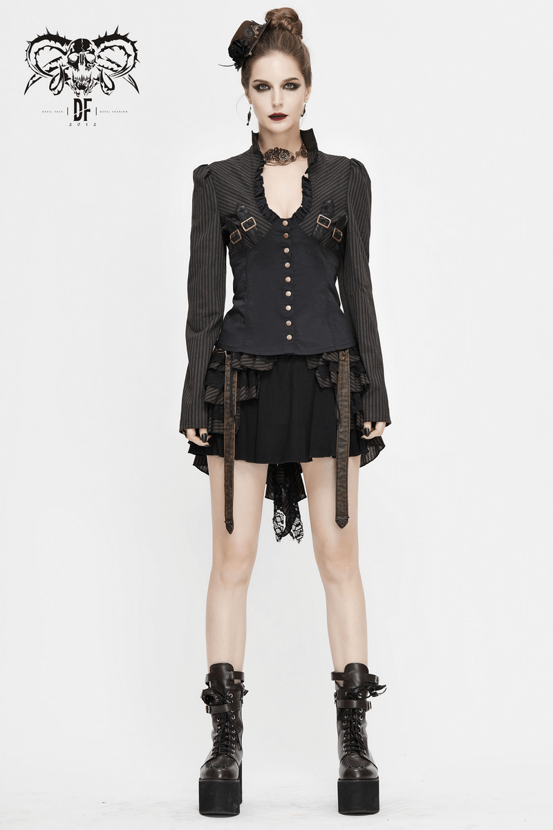 Steampunk women's long sleeves shirt with buckle belts in striped pattern, perfect for vintage fashion lovers.