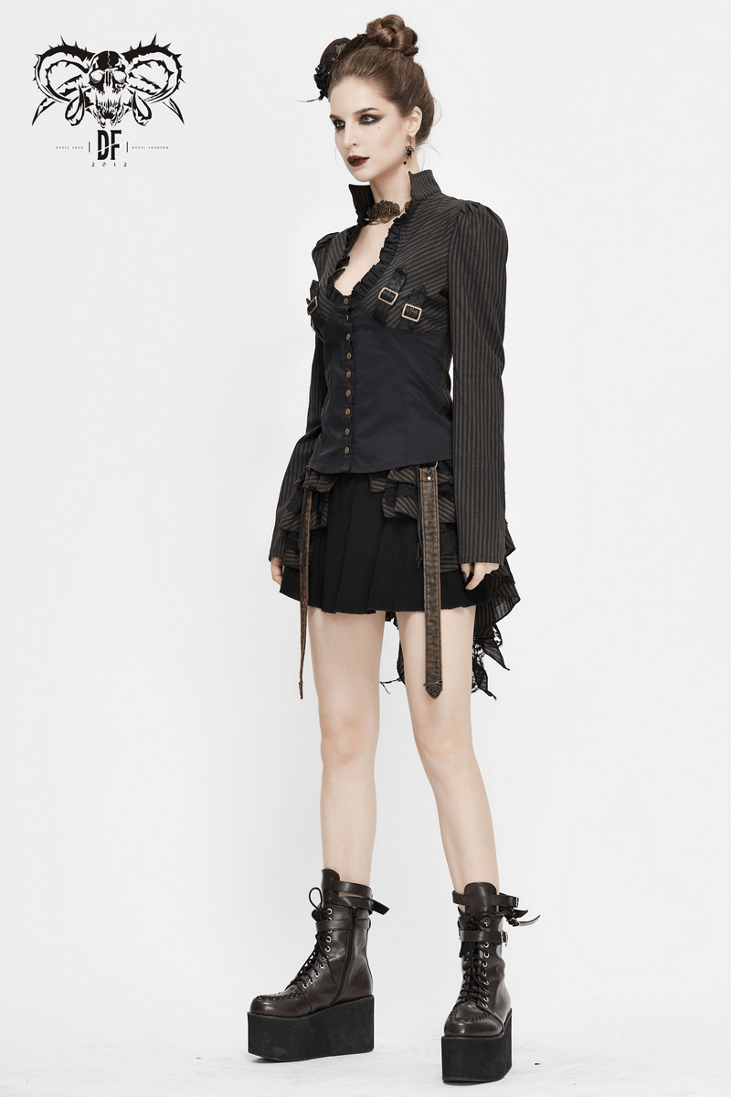 Steampunk women's vintage long sleeves shirt with buckle belts and striped design, perfect for a unique wardrobe style.