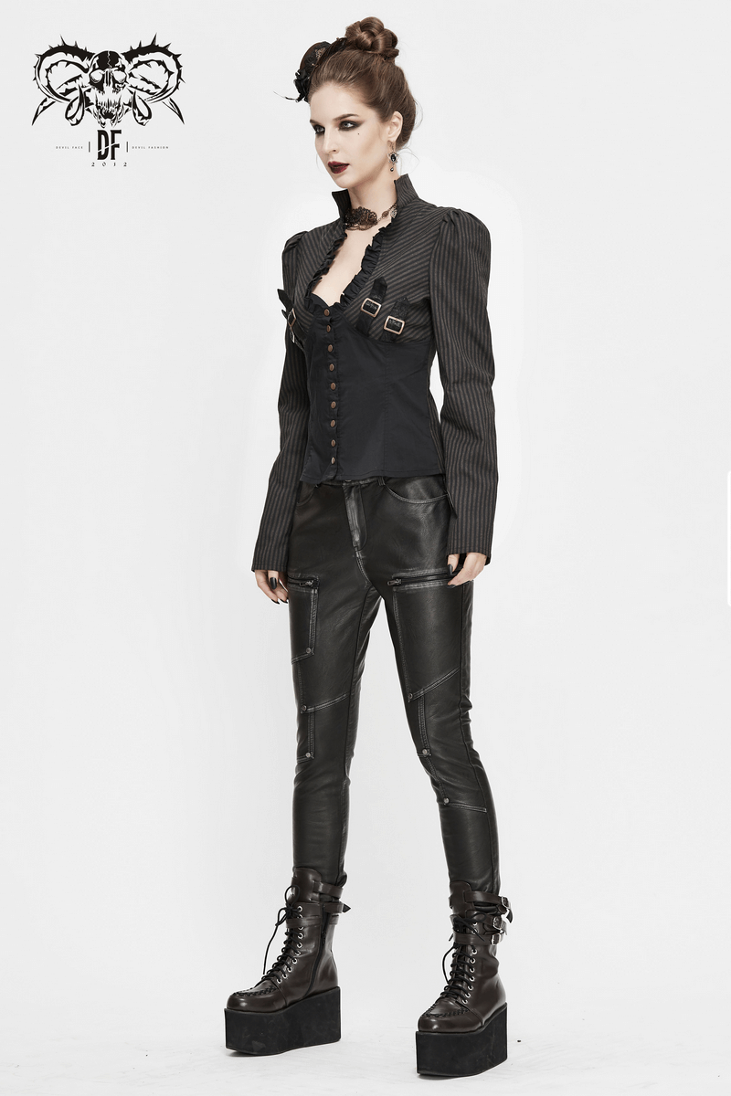 Woman in a steampunk striped long sleeve blouse and leather pants, showcasing vintage fashion style.