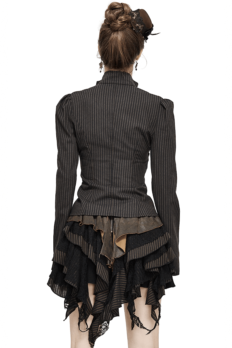 Steampunk Striped Long Sleeves Shirt / Women's Brown Blouse with Buckle Belts - HARD'N'HEAVY