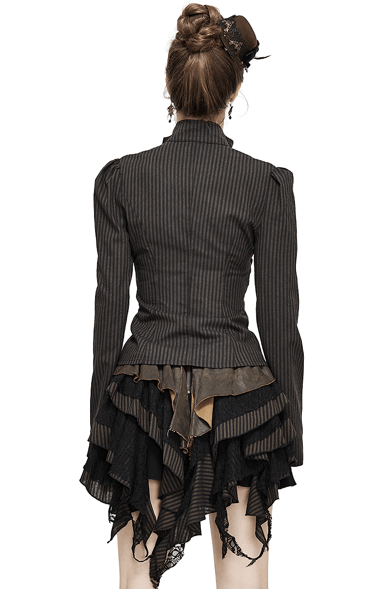 Back view of a women's steampunk striped long sleeves shirt with ruffled hem and buckle details, showcasing vintage style.