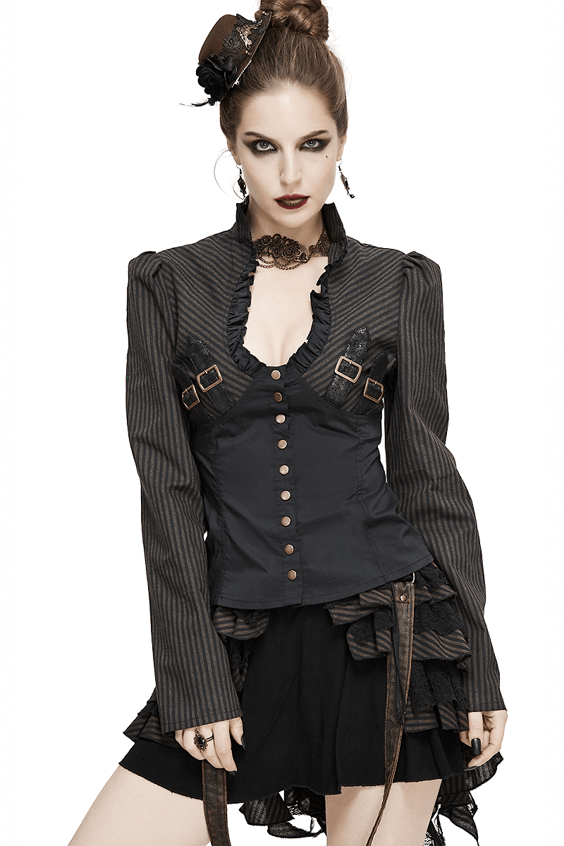 Steampunk Striped Long Sleeves Shirt / Women's Brown Blouse with Buckle Belts - HARD'N'HEAVY