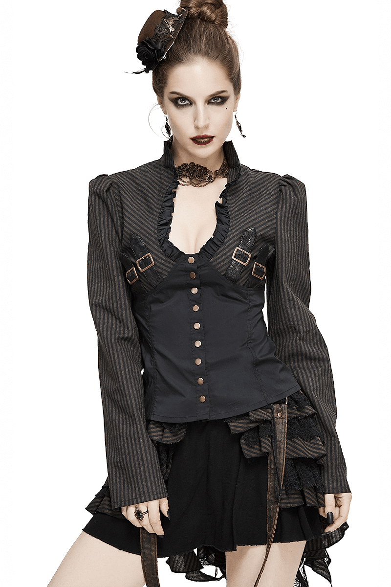 Steampunk striped long sleeves shirt for women featuring buckle belts and vintage style, perfect for retro fashion lovers.