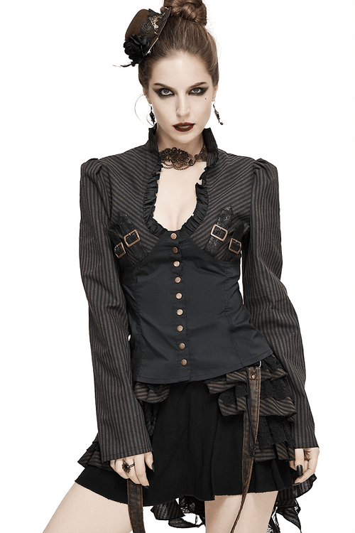 Steampunk Striped Long Sleeves Shirt / Women's Brown Blouse with Buckle Belts