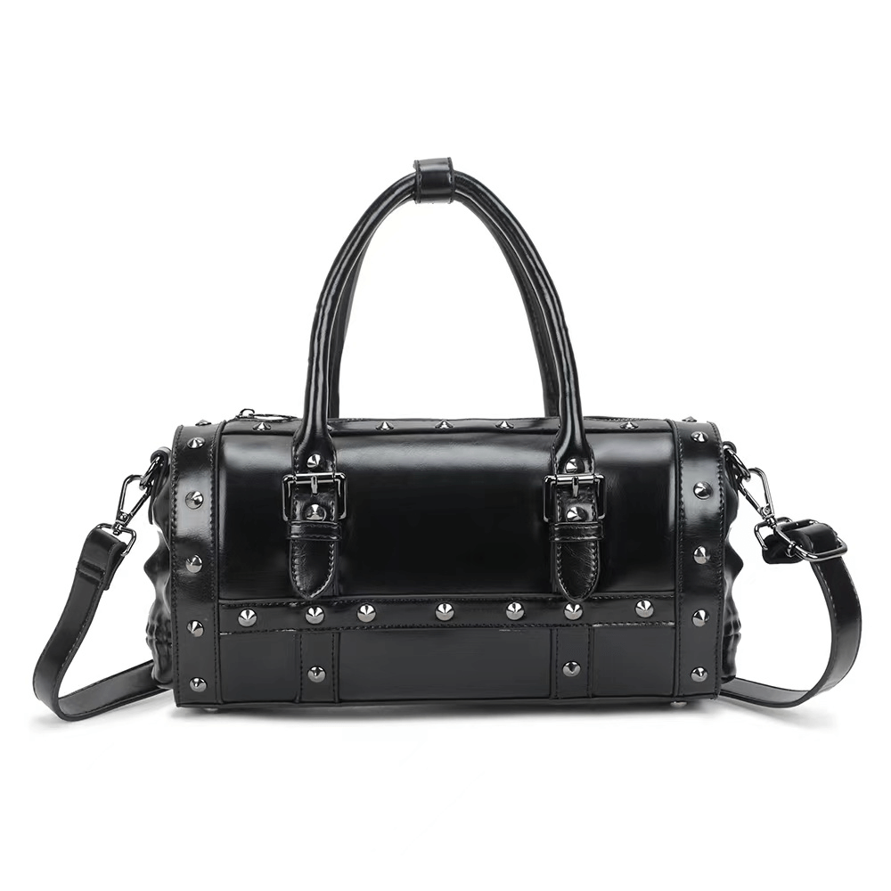 Steampunk Studded Double Skull Satchel Handbag / Gothic Black Bag With Strap - HARD'N'HEAVY