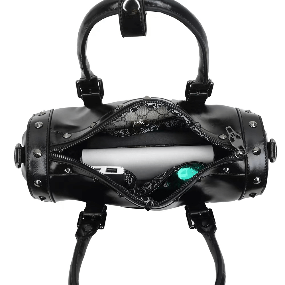 Steampunk Studded Double Skull Satchel Handbag / Gothic Black Bag With Strap - HARD'N'HEAVY