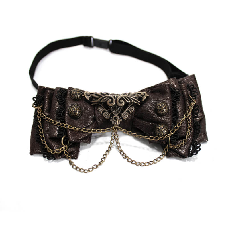 Steampunk women's bow tie in dark brown with chain detail, perfect accessory for vintage-inspired outfits.