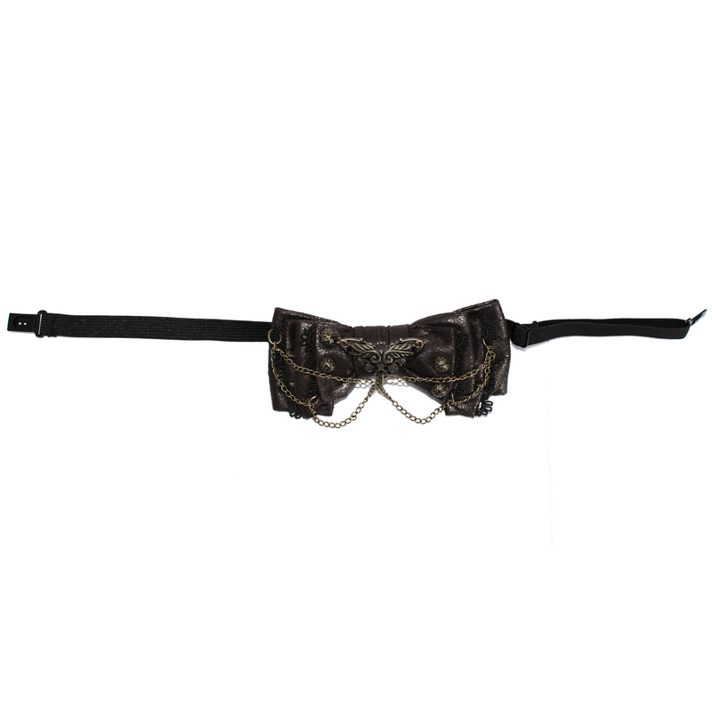Steampunk style women's bow tie with chain, perfect accessory for vintage outfits and collar decoration.