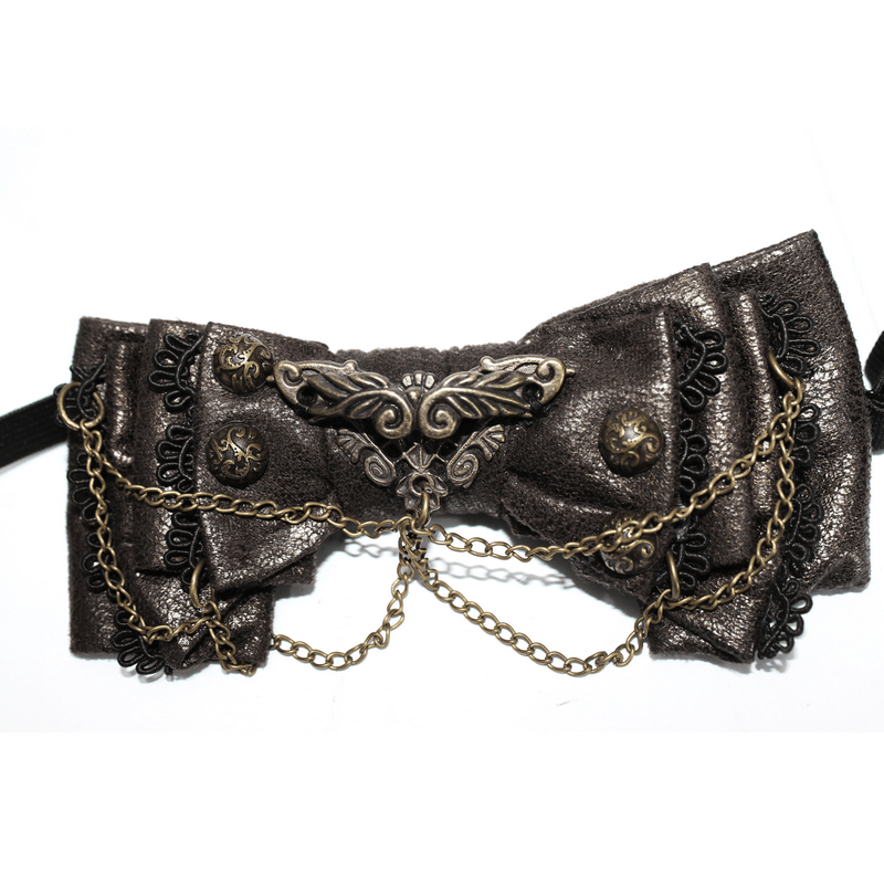 Steampunk style women's bow tie with vintage design and chain, perfect for stylish outfits and collars.