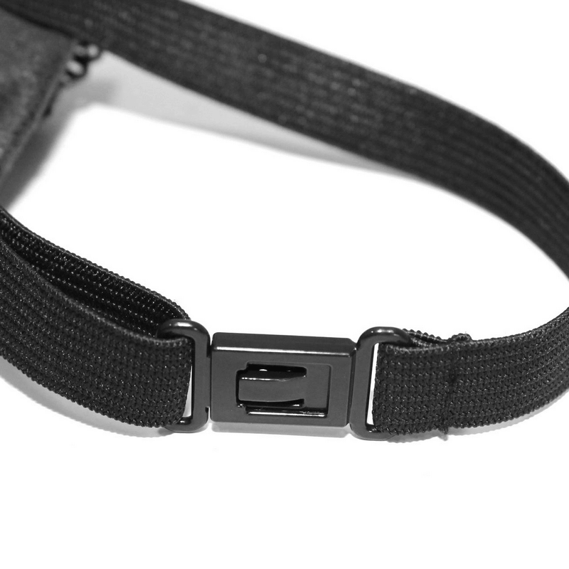 Close-up of a black adjustable strap with a buckle, showcasing quality and durability.