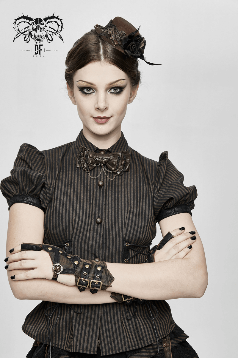 Steampunk style woman in stylish outfit with bow tie and vintage gloves, showcasing a unique, edgy fashion statement.