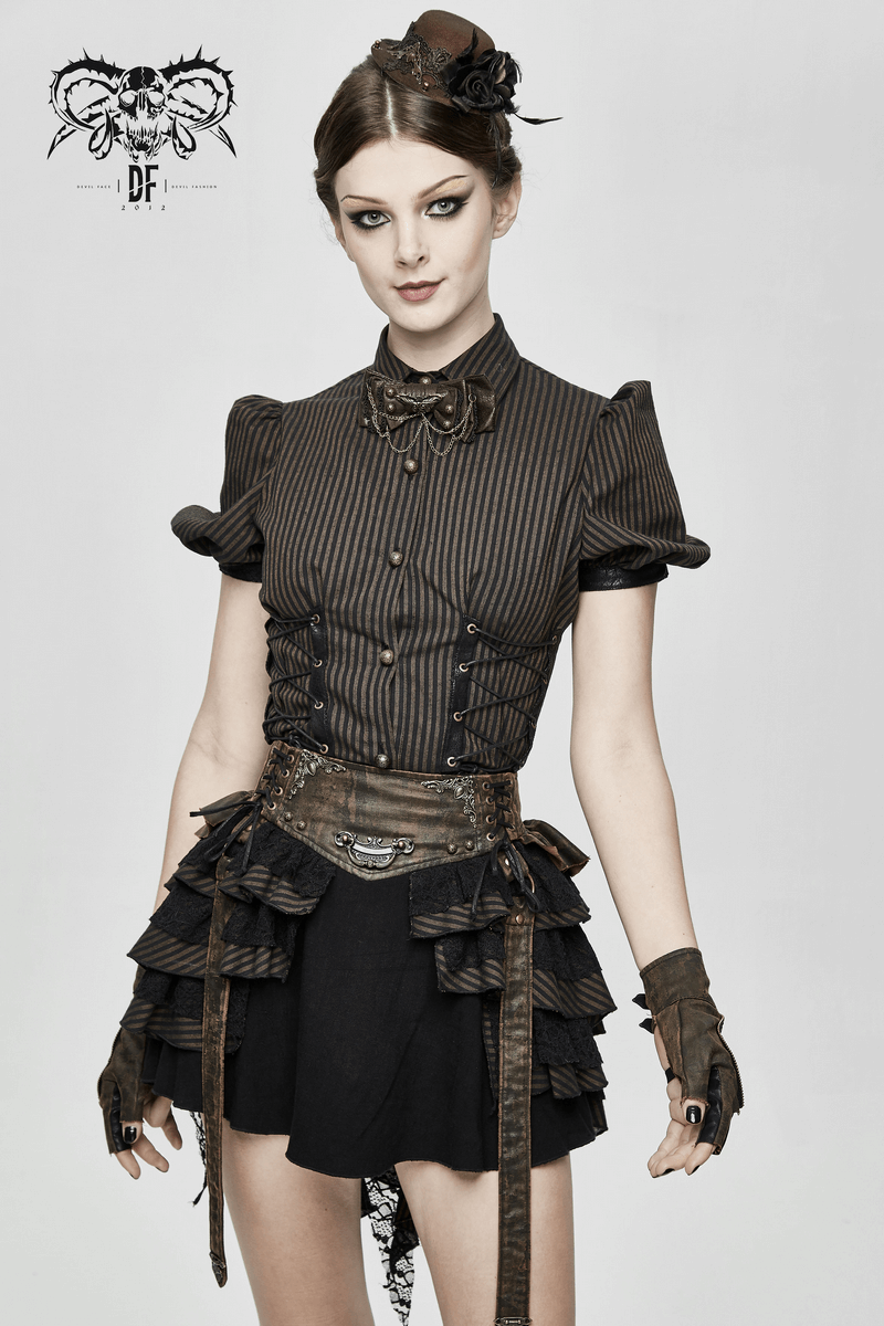 Steampunk style woman in a vintage outfit with bow tie, ruffled skirt, and gloves, showcasing retro elegance.
