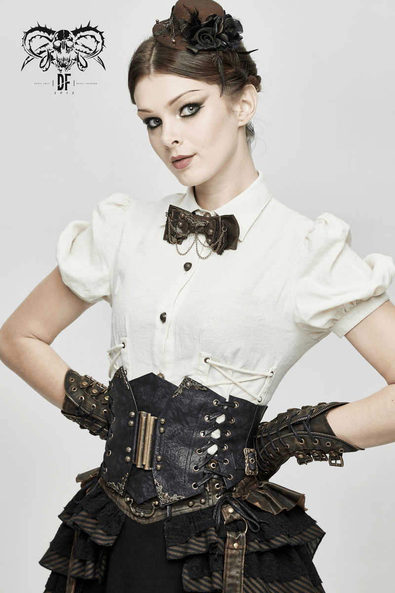 Steampunk style women's bow tie with chain, vintage outfit, elegant look for shirts and blouses.