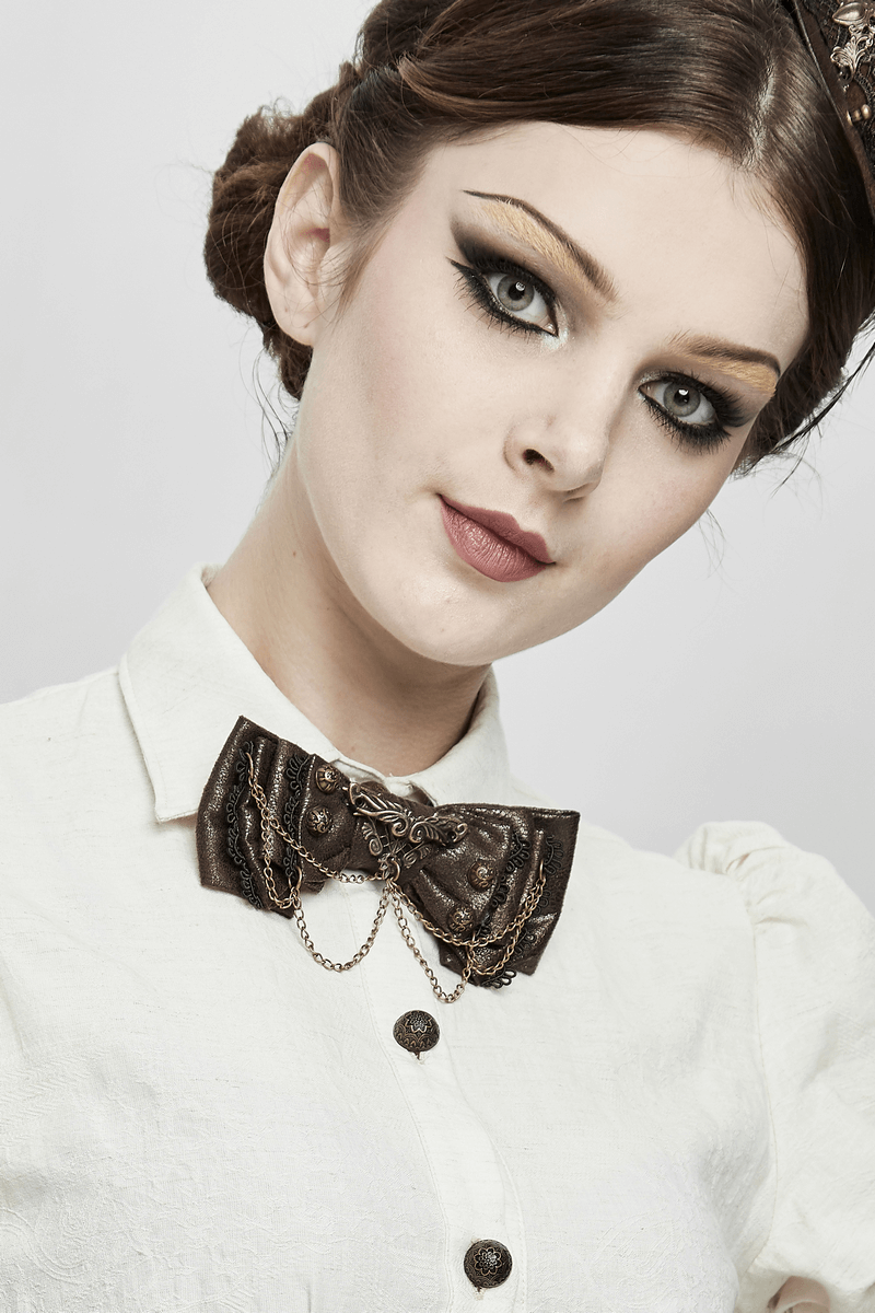 Steampunk style women's bow tie with chain, perfect accessory for vintage outfits and stylish blouses.