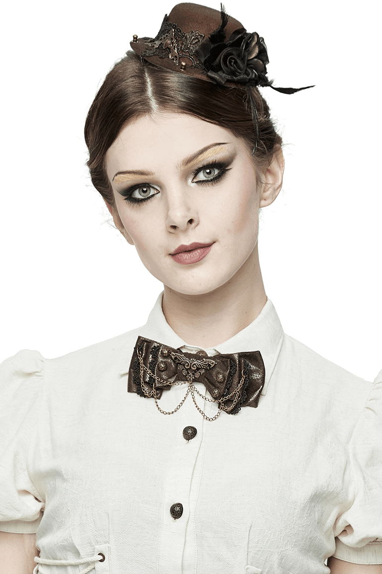Steampunk style women's bow tie with chain, adding a retro touch to elegant outfits in vintage fashion.
