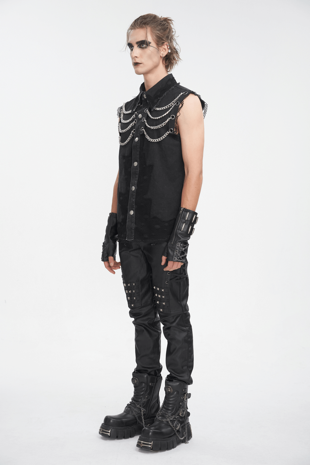 Steampunk style sleeveless black chain vest for men, showcasing edgy lace detail and rugged black fabric.