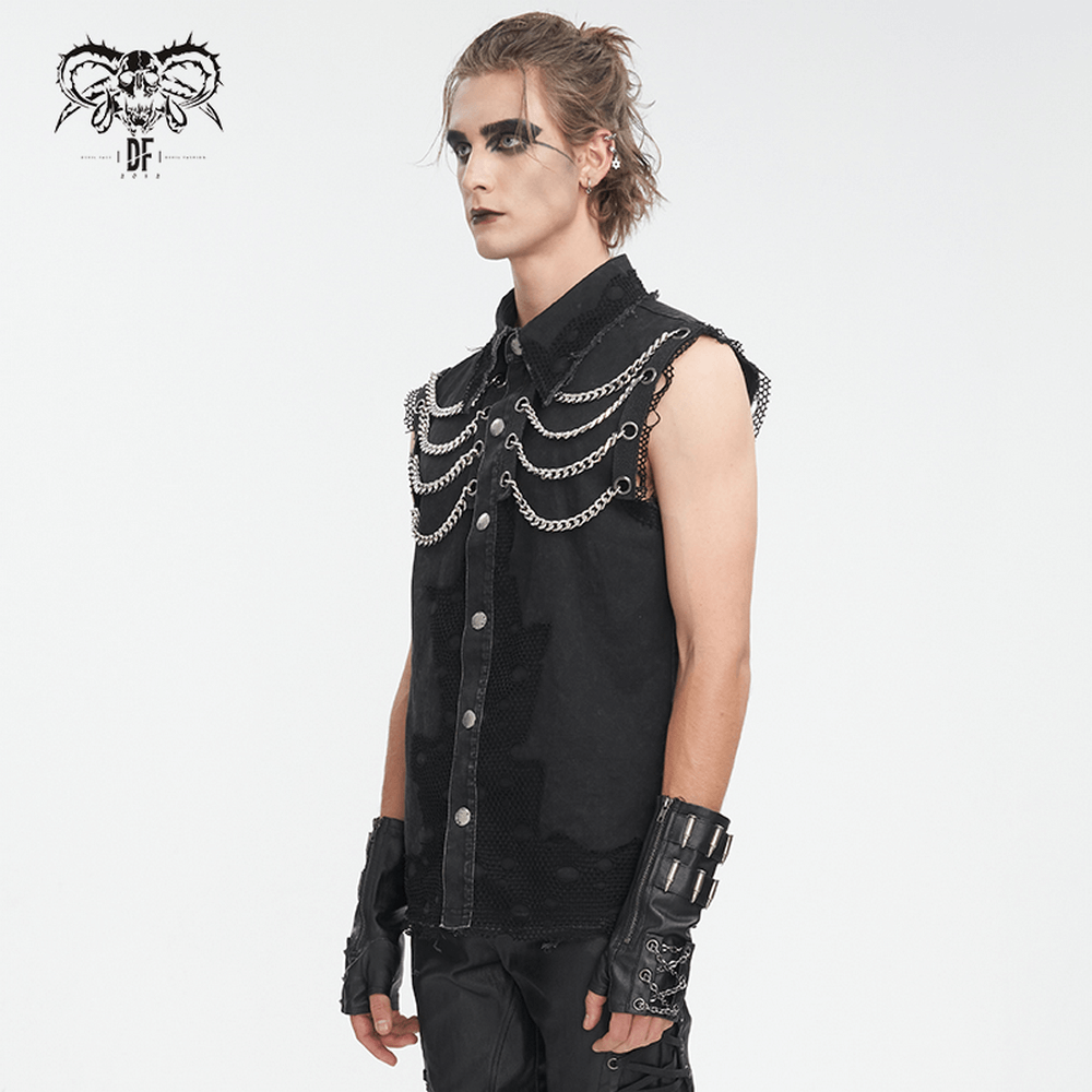 Steampunk style sleeveless black chain vest for men, featuring edgy chain details and a bold gothic look.