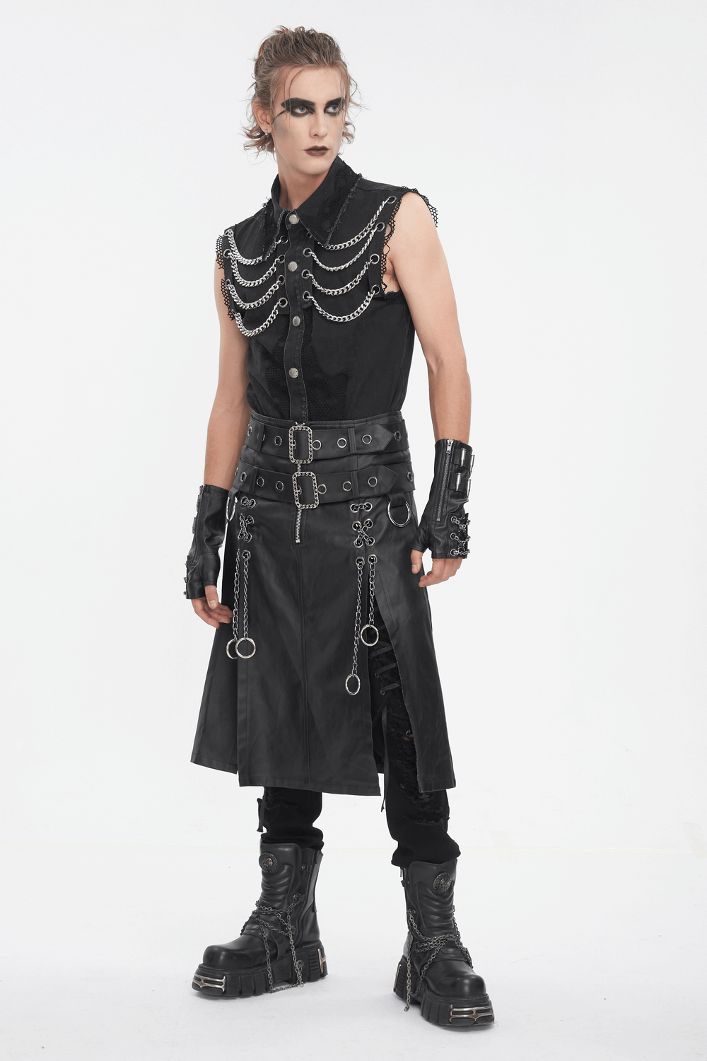 Edgy steampunk style sleeveless black chain vest for men, perfect for gothic fashion enthusiasts.
