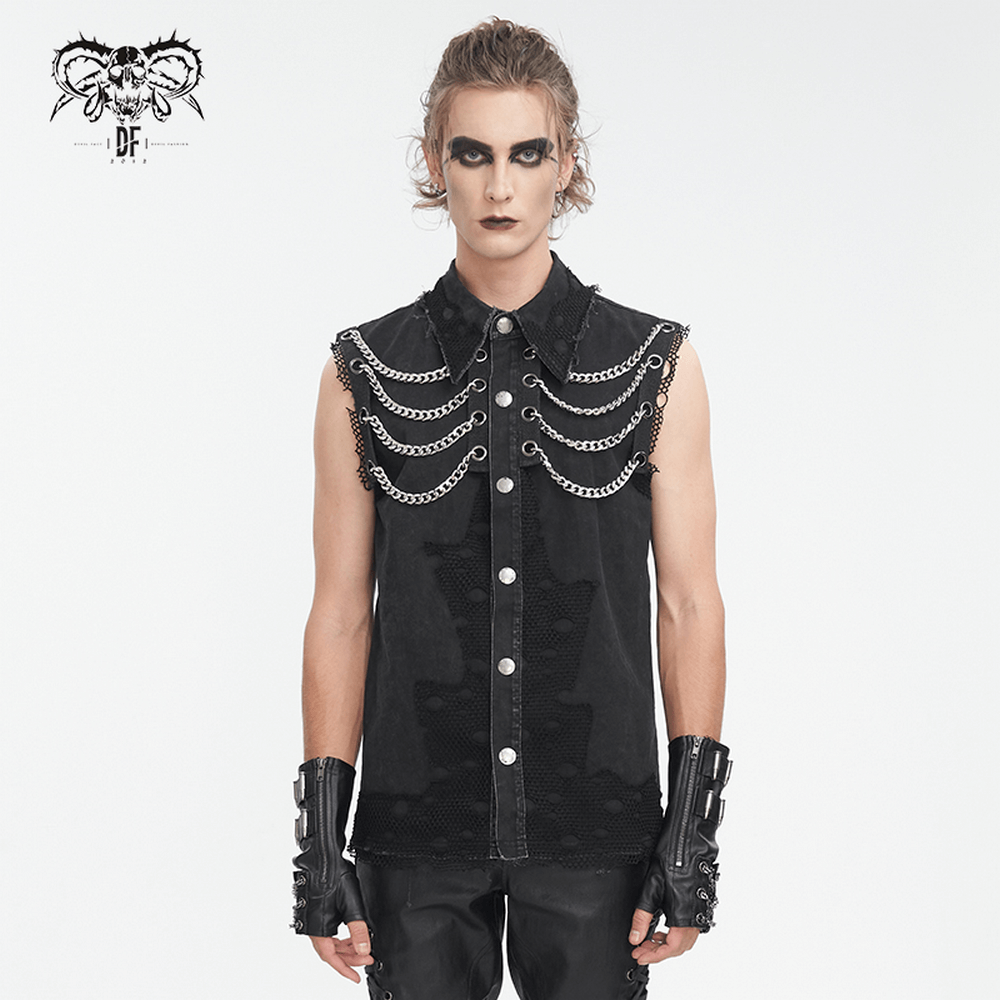 Men's steampunk style sleeveless black vest with chain details, perfect for gothic fashion and themed parties.