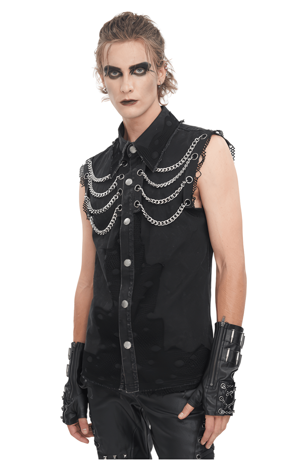 Edgy steampunk sleeveless black chain vest for men with gothic style and unique details.