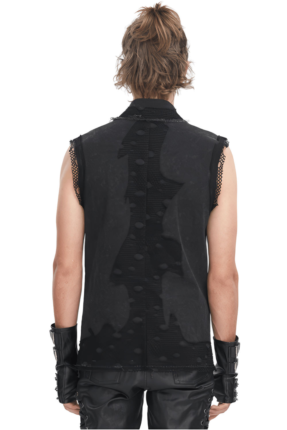 Back view of a sleeveless steampunk black chain vest for men, showcasing unique lace and edgy details.
