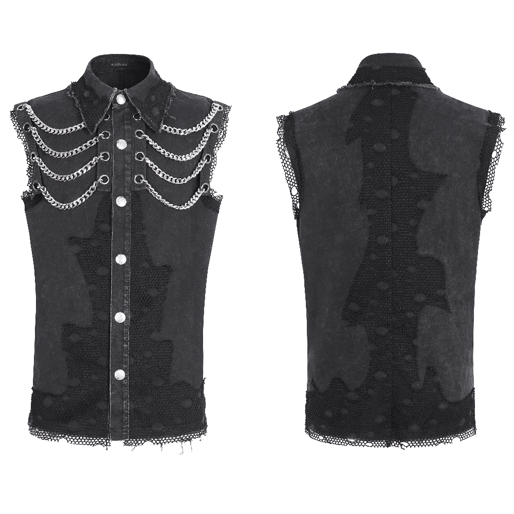 Steampunk style sleeveless black chain vest for men with lace details and metal buttons.