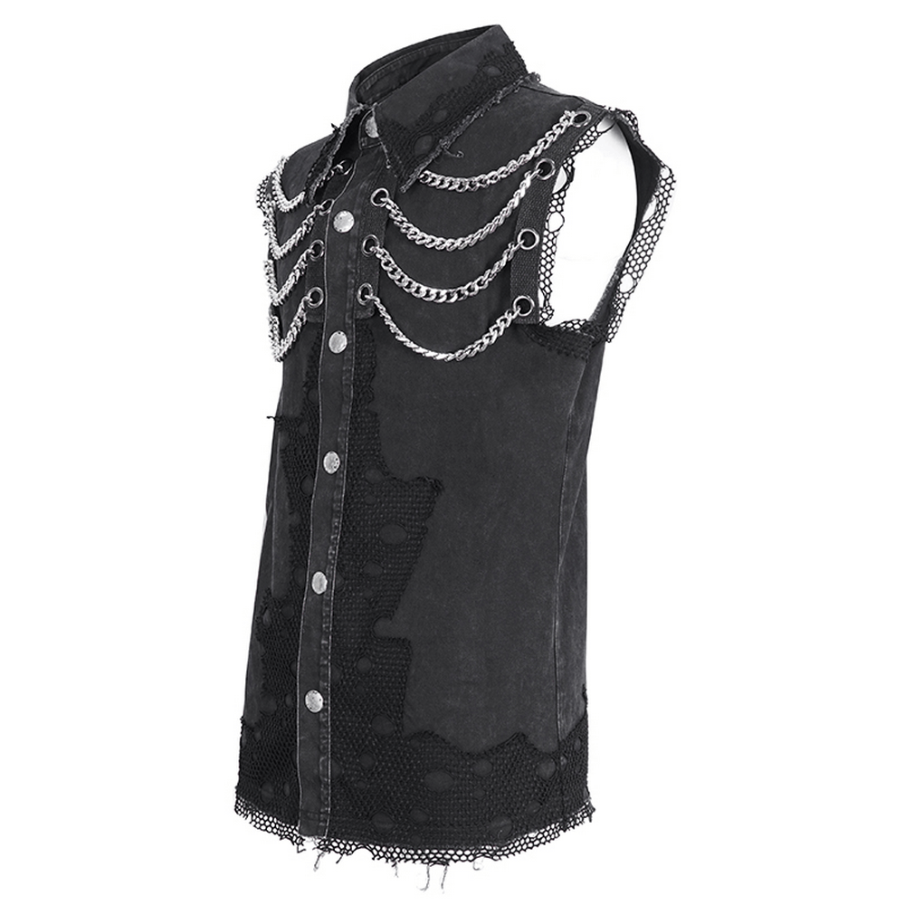 Steampunk style sleeveless black chain vest for men with metal buttons and lace detailing.