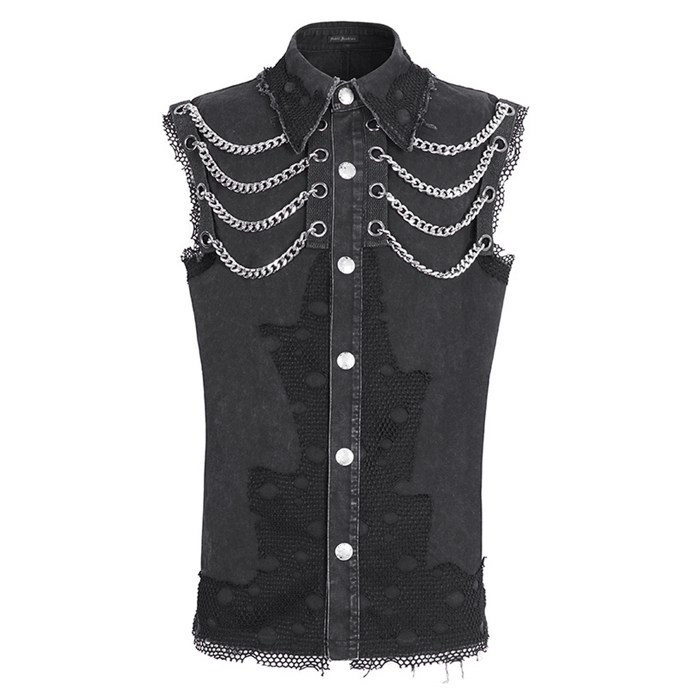 Steampunk style sleeveless black chain vest for men with lace and metal details.