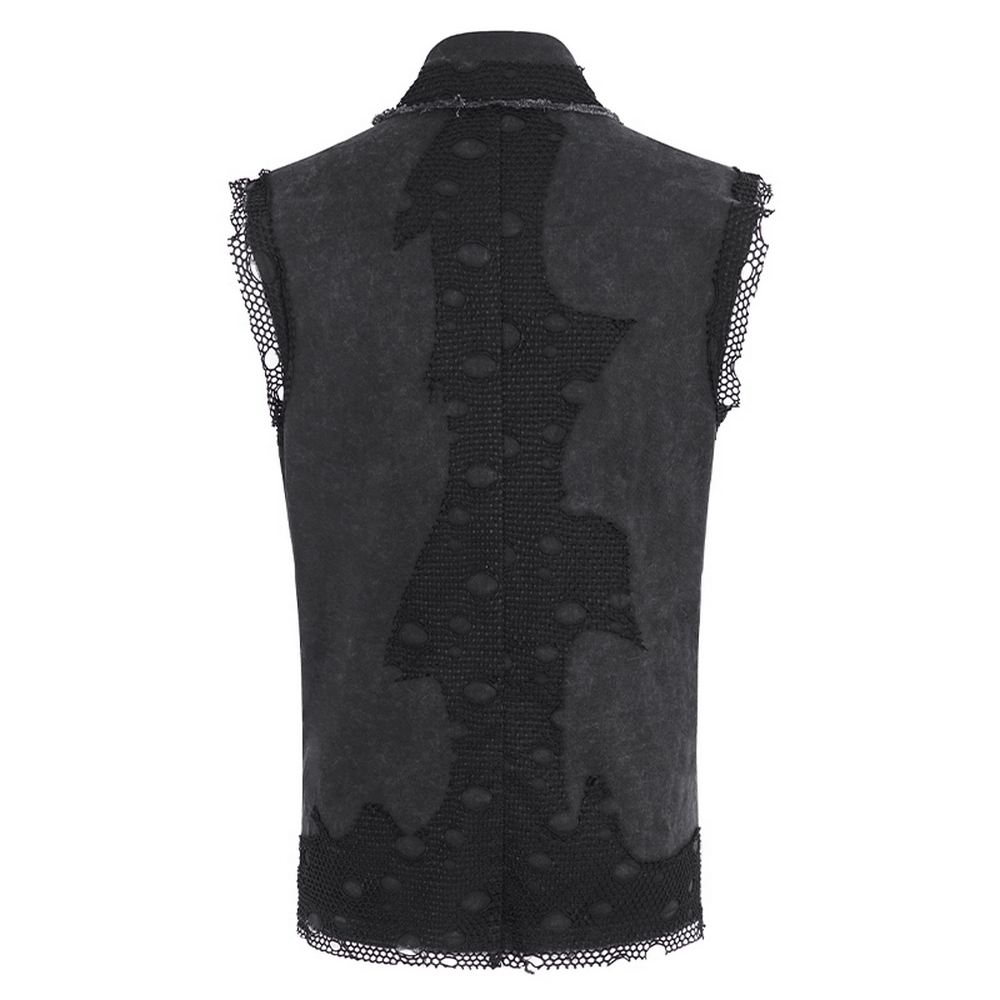 Back view of a sleeveless black steampunk vest with chain details and raw edges, perfect for gothic fashion.