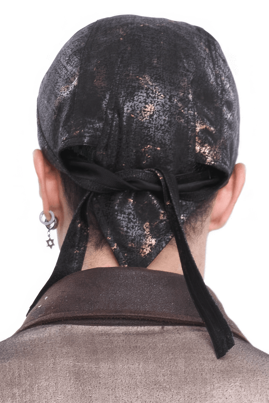 Stylish steampunk men's bandana with gears, worn by a man from the back, showcasing a unique fashion statement.
