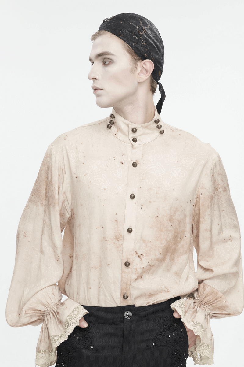 Stylish model in a vintage shirt and black bandana, showcasing a unique fashion statement.