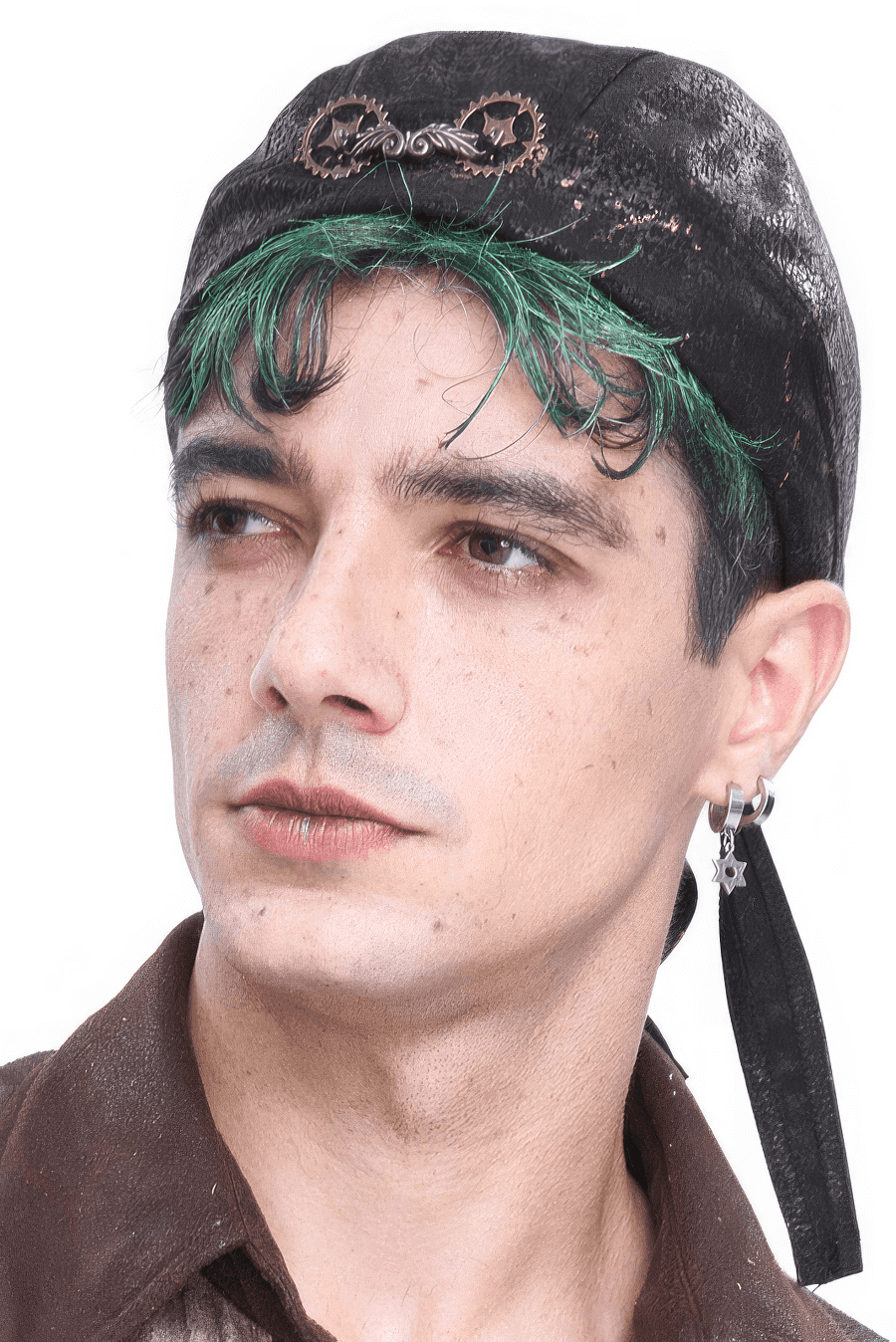 Stylish man wearing a steampunk bandana with gears, showcasing a bold fashion statement.