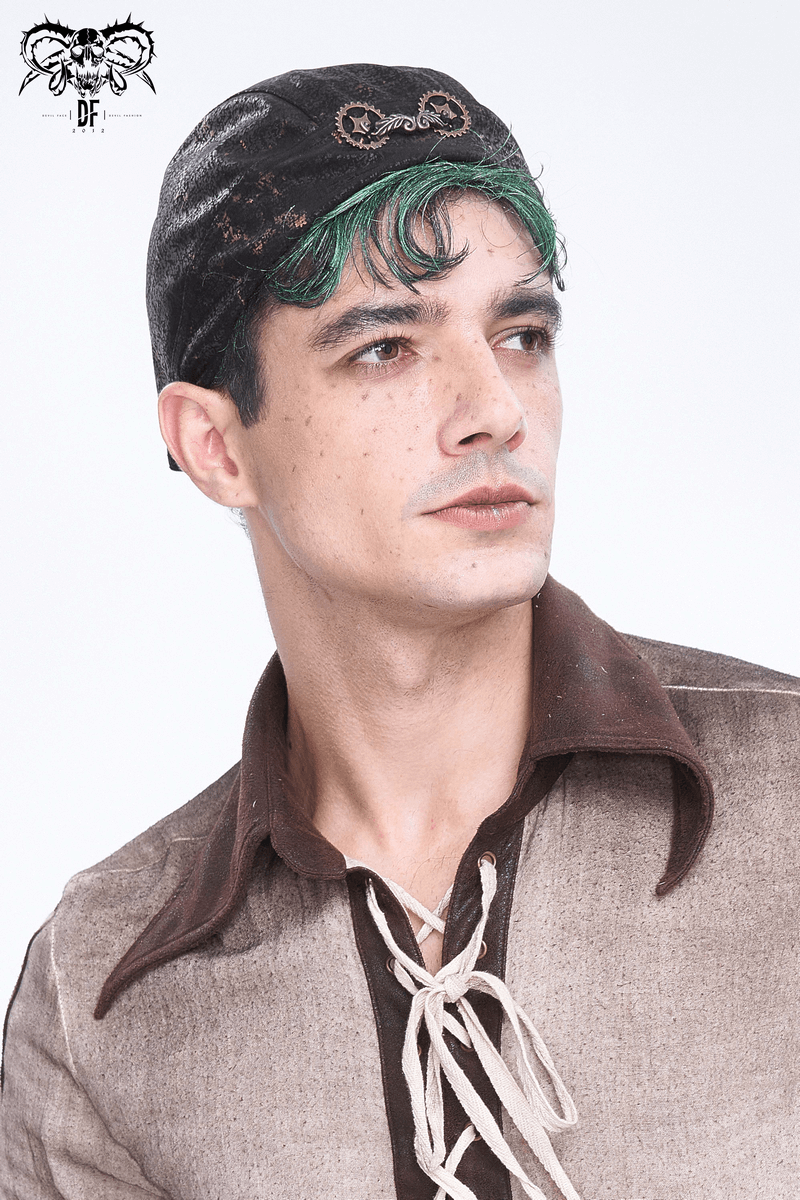 Stylish man in a steampunk bandana featuring gears, showcasing a unique fashion statement.